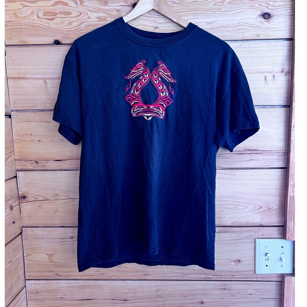 Vintage Sisiutl Sea Serpent Graphic Tee Medium Black Dragon Embroidered Viking